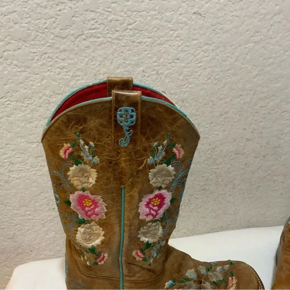 Macie Bean Boots Girls SZ 3 Floral Rose Garden Cowgirl Brown Leather